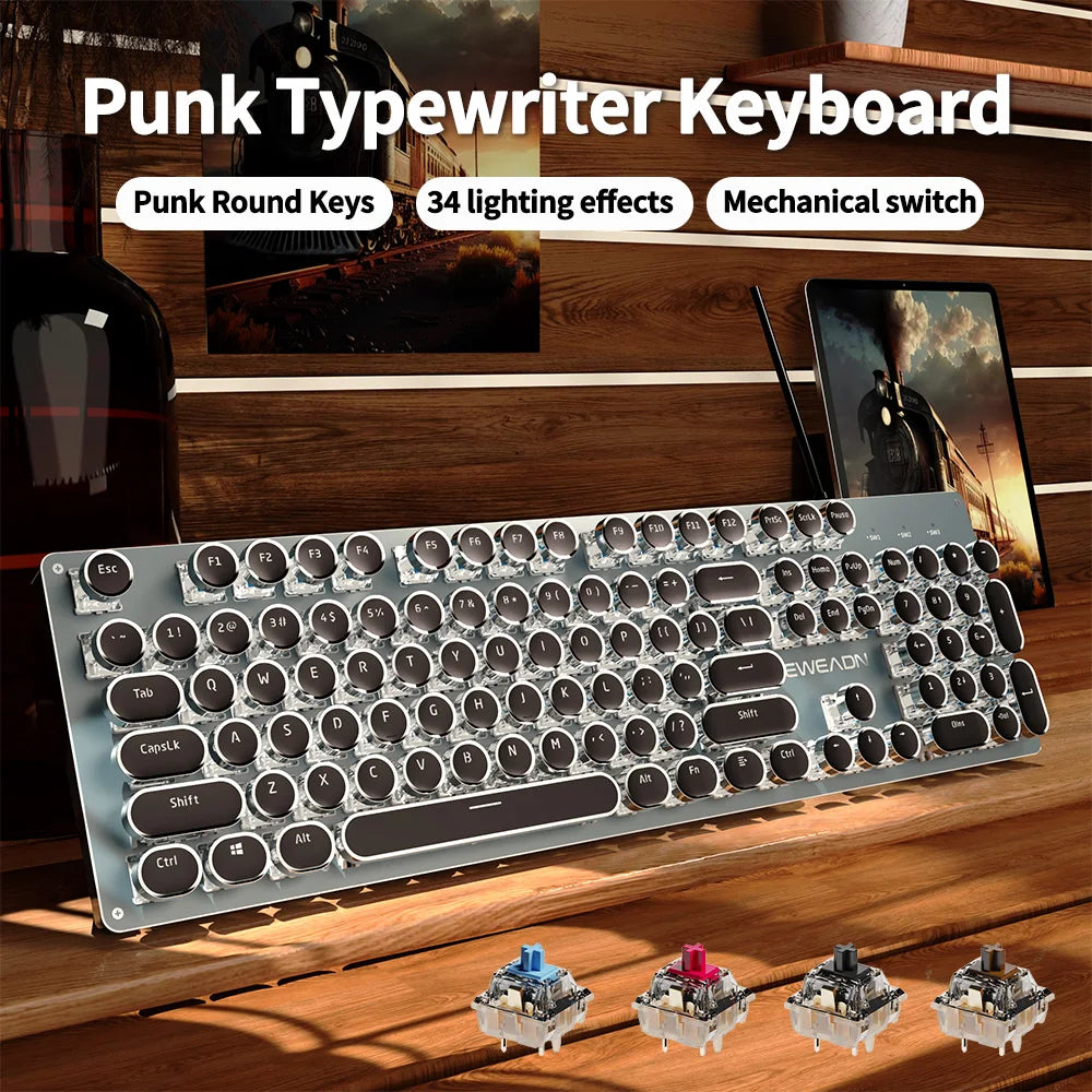 EWEADN TK100 Punk Typewriter Mechanical Gaming Keyboard, 104 Keys with LED Backlit USB Wired Keyboards, for Windows Laptop PC