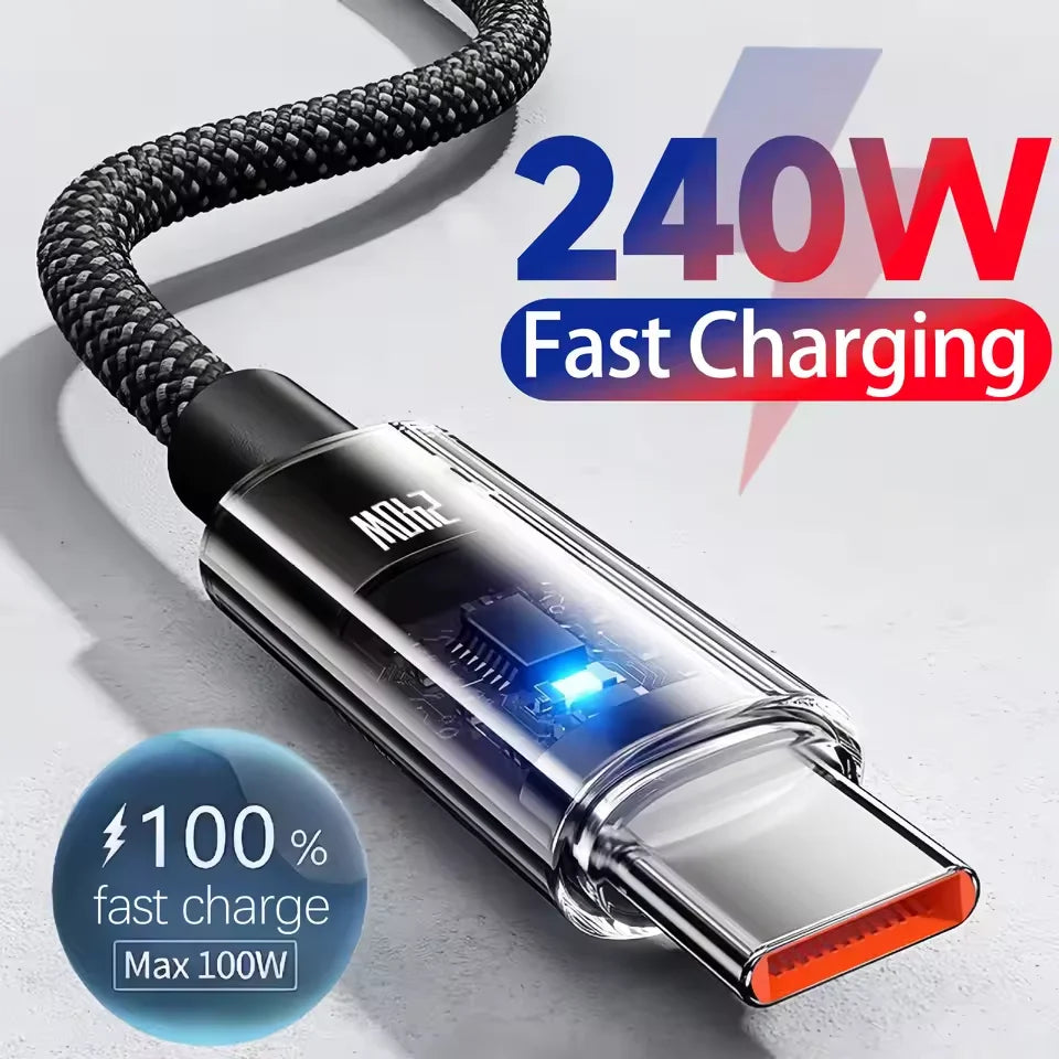 0.5M 240W Nylon USB C PD Super Fast Charging Data Cable with LED Digital Display USB To Type C Quick Charge Data Cords