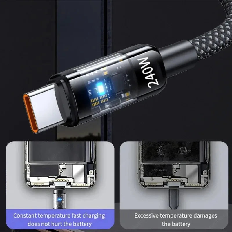 0.5M 240W Nylon USB C PD Super Fast Charging Data Cable with LED Digital Display USB To Type C Quick Charge Data Cords