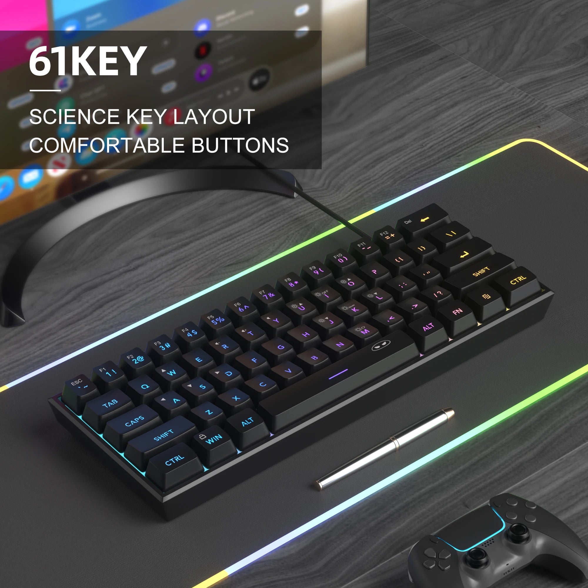 MageGee Mini 60% Gaming Keyboard, RGB Backlit 61 Key Ultra-Compact Keyboard, TS91 Ergonomic Waterproof