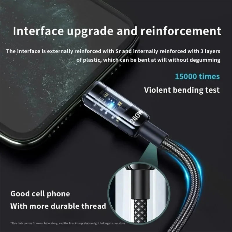 0.5M 240W Nylon USB C PD Super Fast Charging Data Cable with LED Digital Display USB To Type C Quick Charge Data Cords